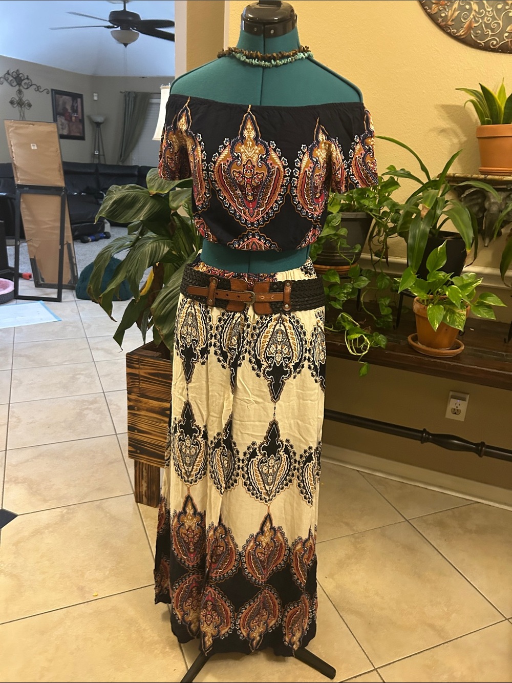 Boho Black & Cream Printed Maxi Skirt and matching crop top